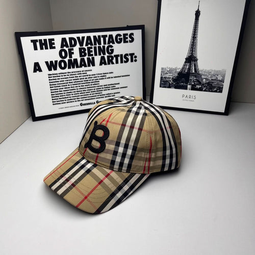 Burberry check baseball cap angled view, beige navy red panels with B logo