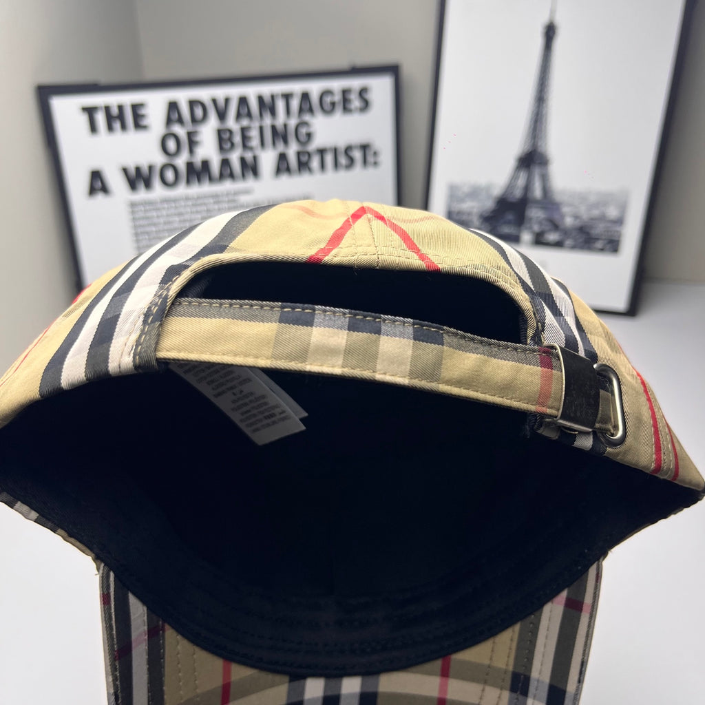 Burberry check baseball cap, underside brim view with dark interior