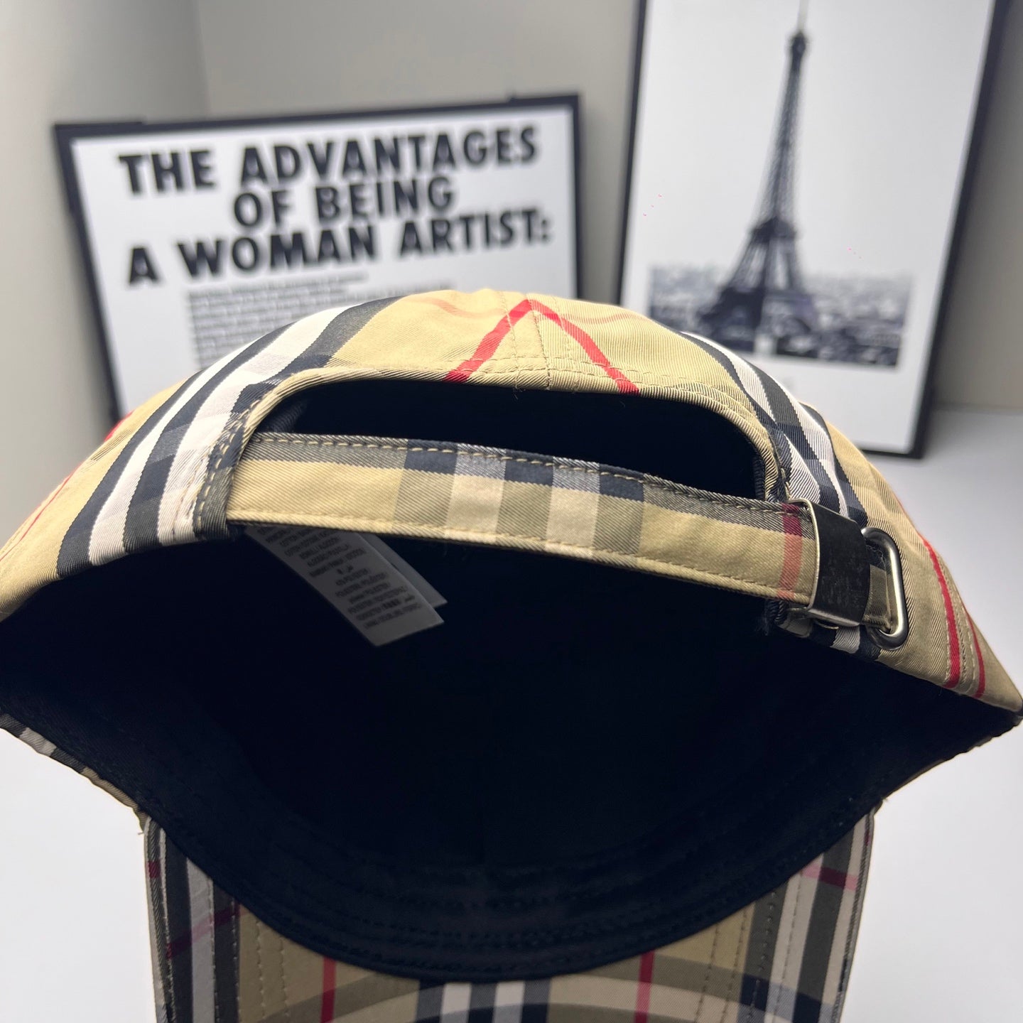 Burberry check baseball cap, underside brim view with dark interior