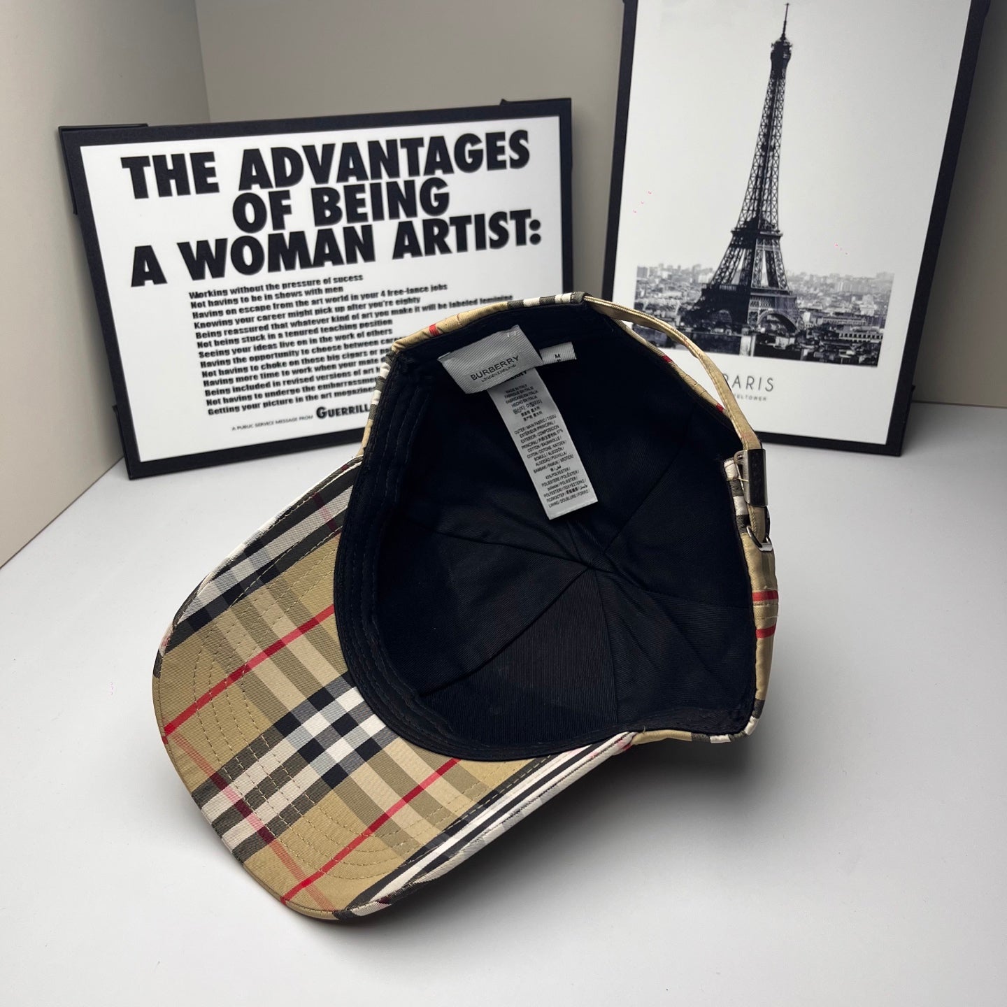 Burberry check baseball cap interior view with brim and size tag