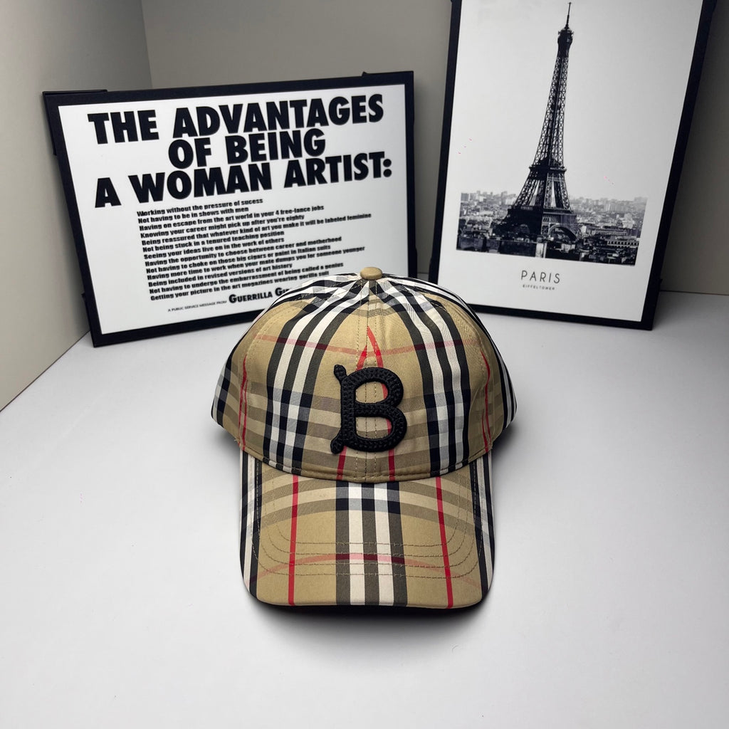 Burberry check baseball cap, beige navy red with raised B logo