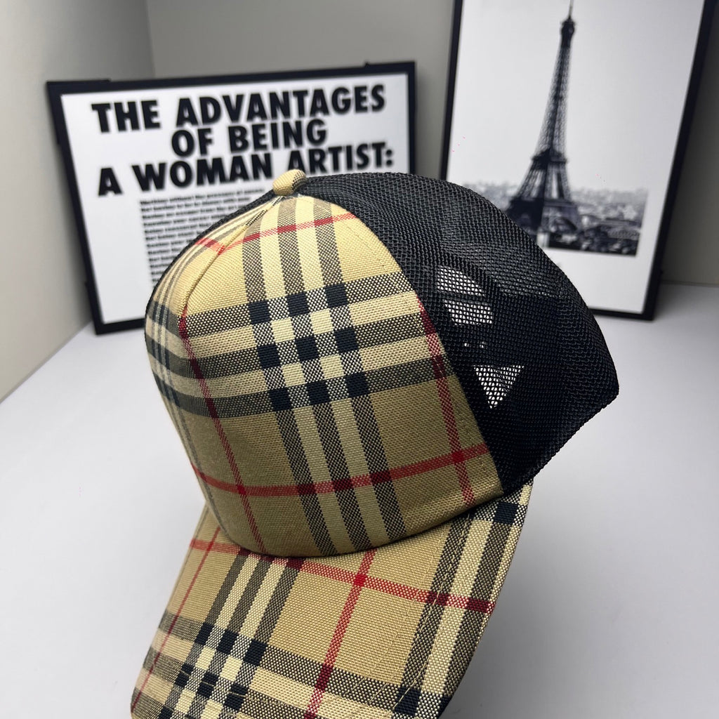 Burberry cap with beige, navy and red plaid crown, black mesh back and button top