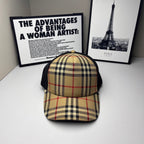 Burberry cap in beige, navy and red plaid with black mesh side panels