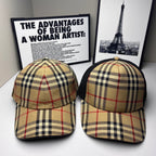 Pair of plaid baseball caps in beige, navy, and red, side by side