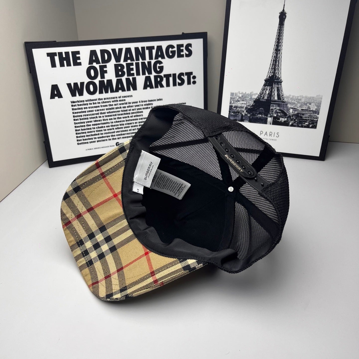 Burberry cap set: beige, navy and red plaid cap with black mesh side panel and brim