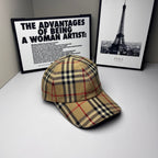Plaid baseball cap in beige, navy, and red, front view with curved brim