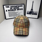Plaid baseball cap in beige, navy, and red with metal eyelet on top