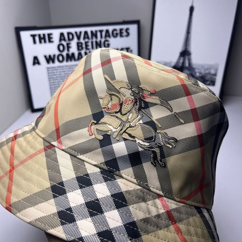 Plaid bucket cap with embroidered horse-and-rider emblem, beige with navy and red checks