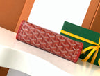 Red Goyard-pattern long zip wallet with leather piped edges and zipper pull