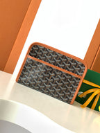 Goyard patterned zip pouch with brown trim, dark monogram fabric front
