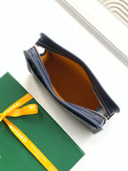 Navy Goyard zip wallet clutch opened, brown interior lining and zipper