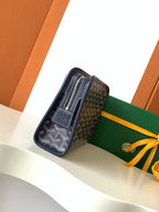 Navy Goyard pattern zip wallet clutch with side pocket and zipper