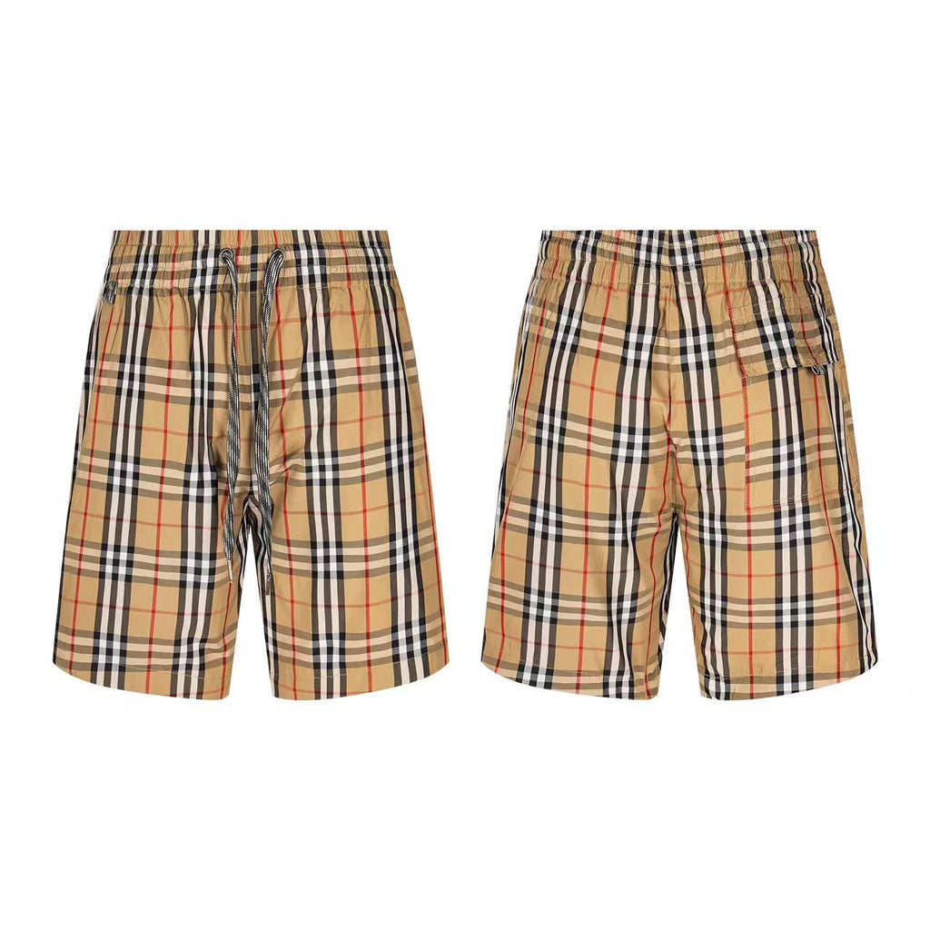 Burberry plaid shorts, drawstring and side pocket design shown from two angles