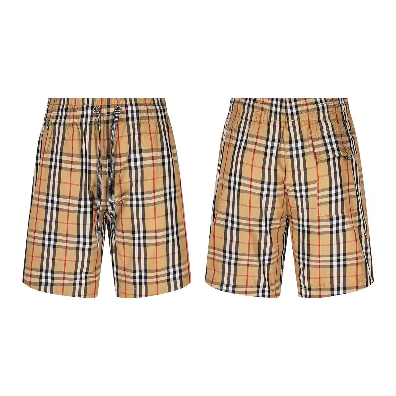 Burberry plaid shorts, drawstring and side pocket design shown from two angles