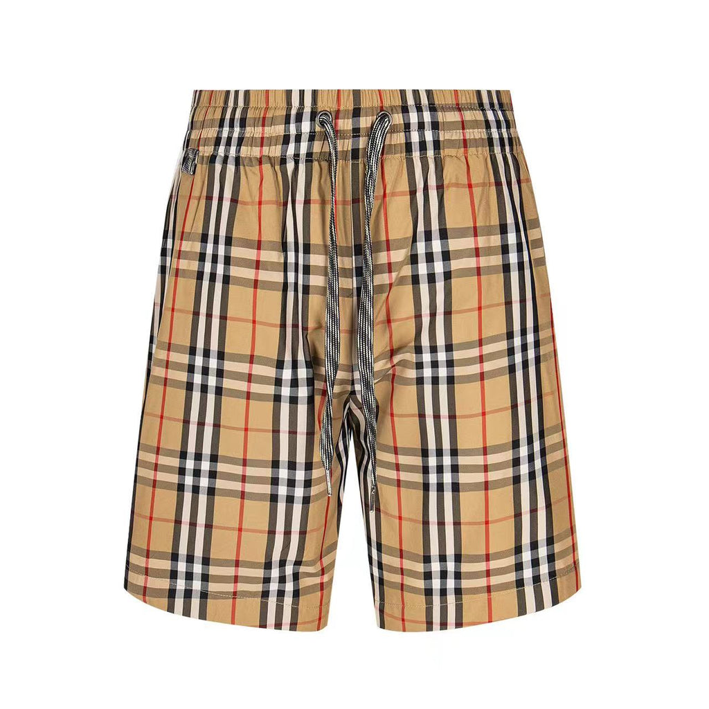 Burberry plaid drawstring shorts with elastic waist, beige tan black red checks