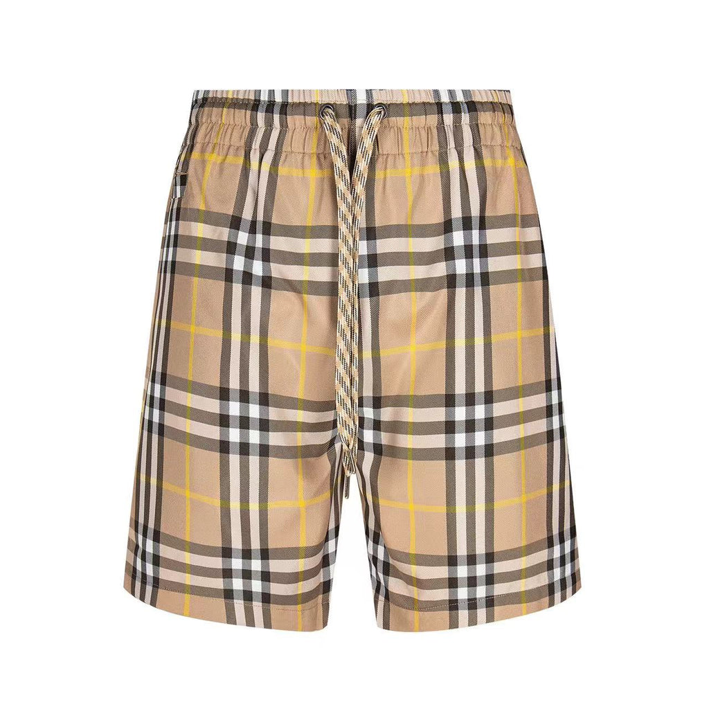 Plaid drawstring shorts with elastic waistband, beige and black checks with yellow lines
