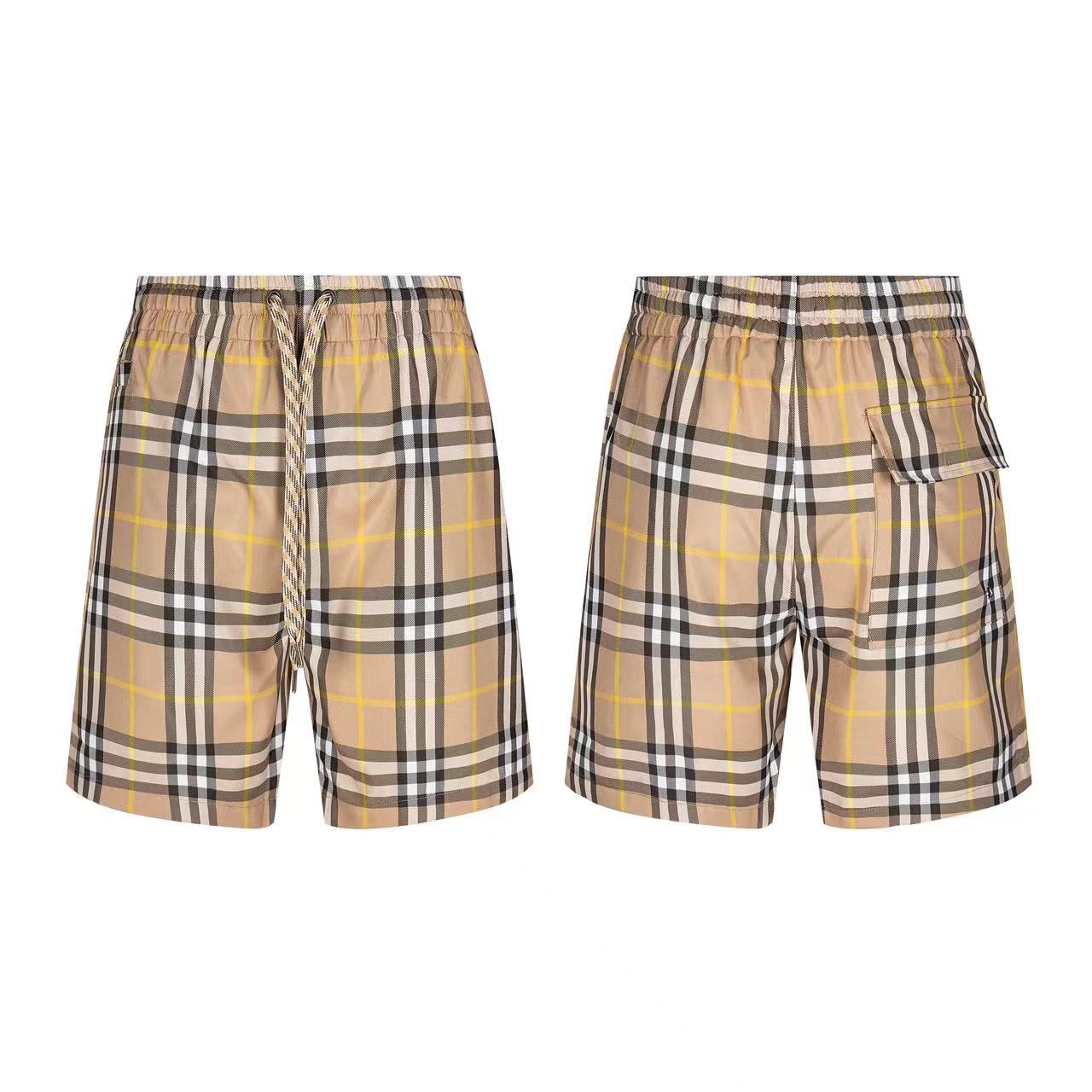 Plaid shorts with drawstring waist and side patch pockets, beige and black check pattern