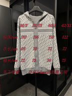 Gray zip-up hoodie with Dior monogram print and off-white stripe bands