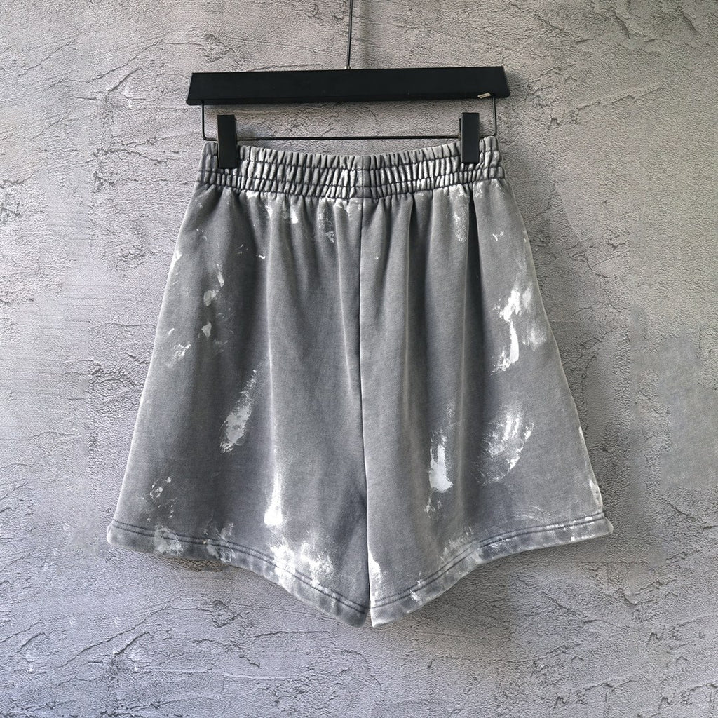 Distressed light gray drawstring shorts with elastic waistband