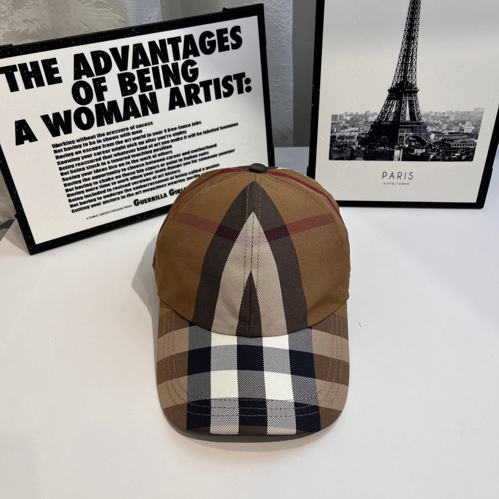 Burberry cap in tan, navy, and white check plaid with curved brim