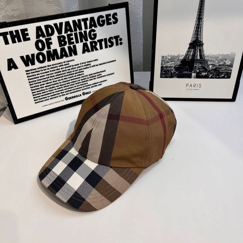 Burberry cap tan plaid with navy and white checks, curved brim