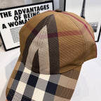 Burberry cap tan with bold check panels and curved brim, top close-up