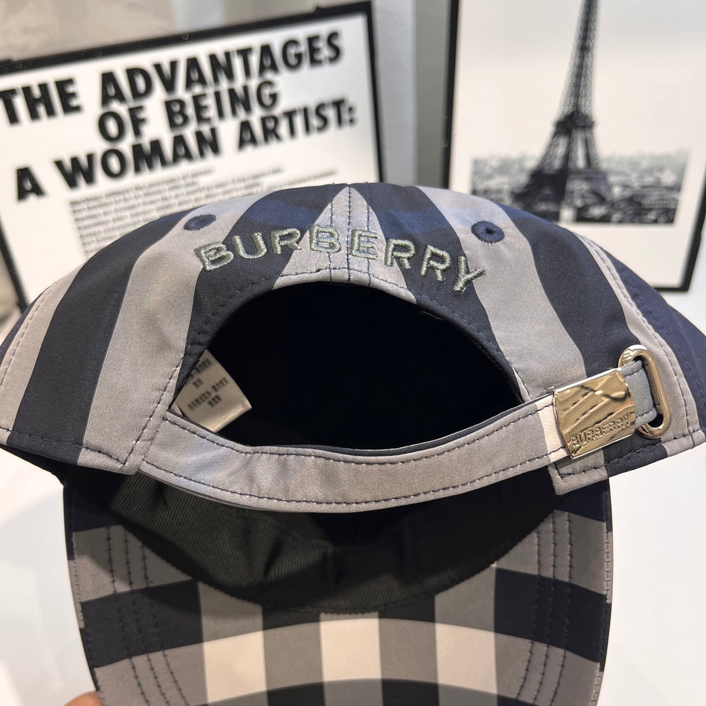 Burberry plaid baseball cap with oval Burberry logo patch on the front
