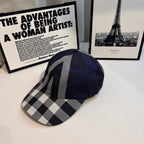 Navy plaid baseball cap with gray and white paneling and stitched front brim