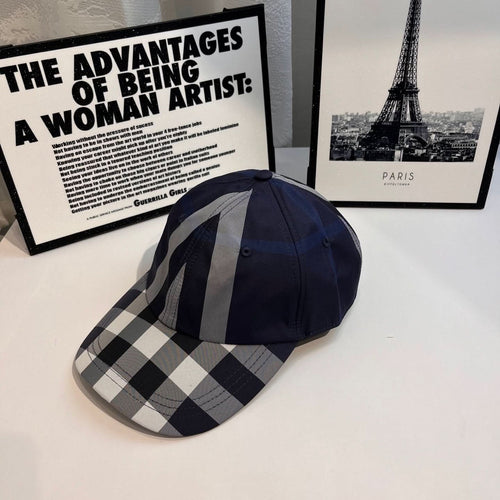 Navy plaid baseball cap with gray and white paneling and stitched front brim