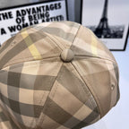 Plaid baseball cap in beige and tan with gathered crown and stitched panels