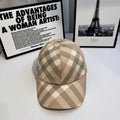 Plaid baseball cap in beige and tan with curved brim