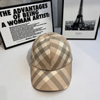 Plaid baseball cap in beige and tan with curved brim