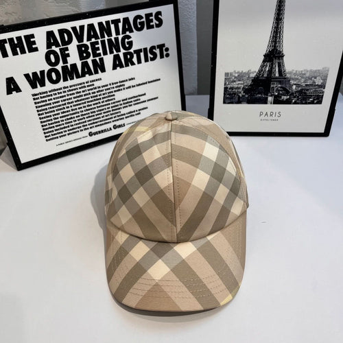 Plaid baseball cap in beige and tan with curved brim
