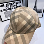 Plaid baseball cap in beige and tan with dome top and small button