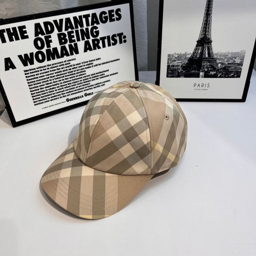 Plaid baseball cap in beige and tan, side view with small crown button