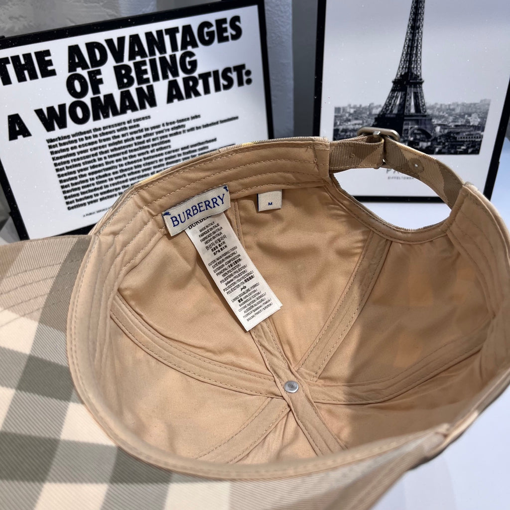 Beige plaid baseball cap interior with tag and inner stitching