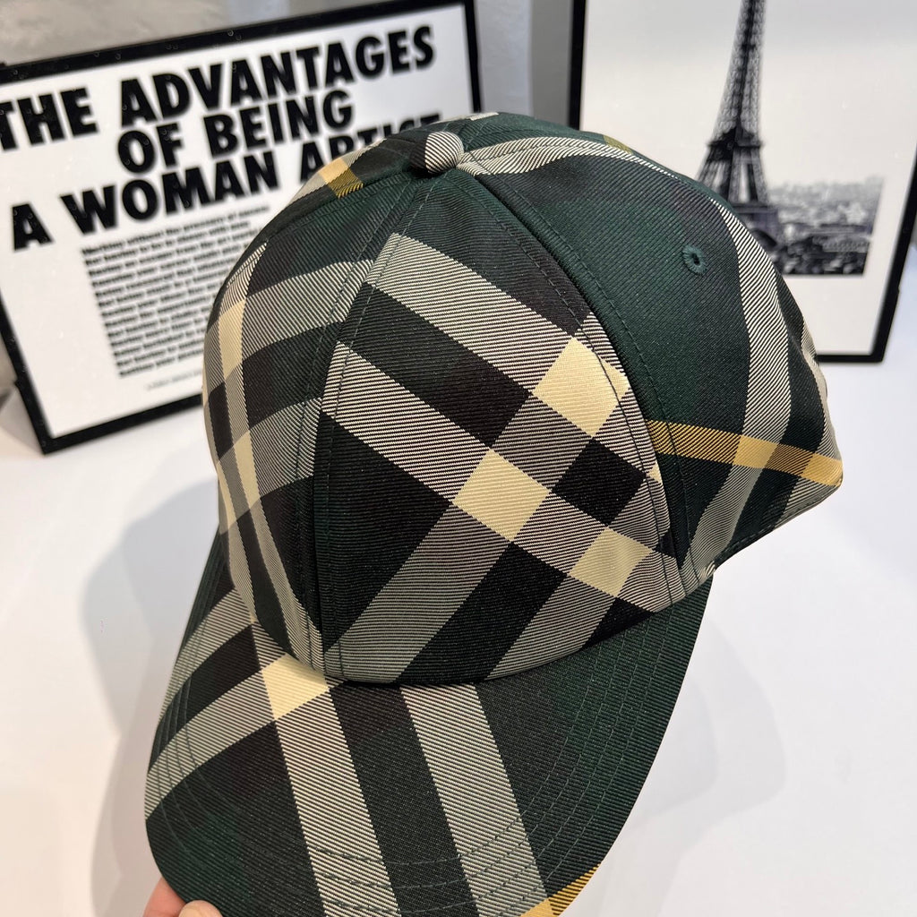 Plaid baseball cap with folded crown, dark green brim and beige-black squares