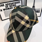 Plaid baseball cap with folded crown, dark green brim and beige-black squares