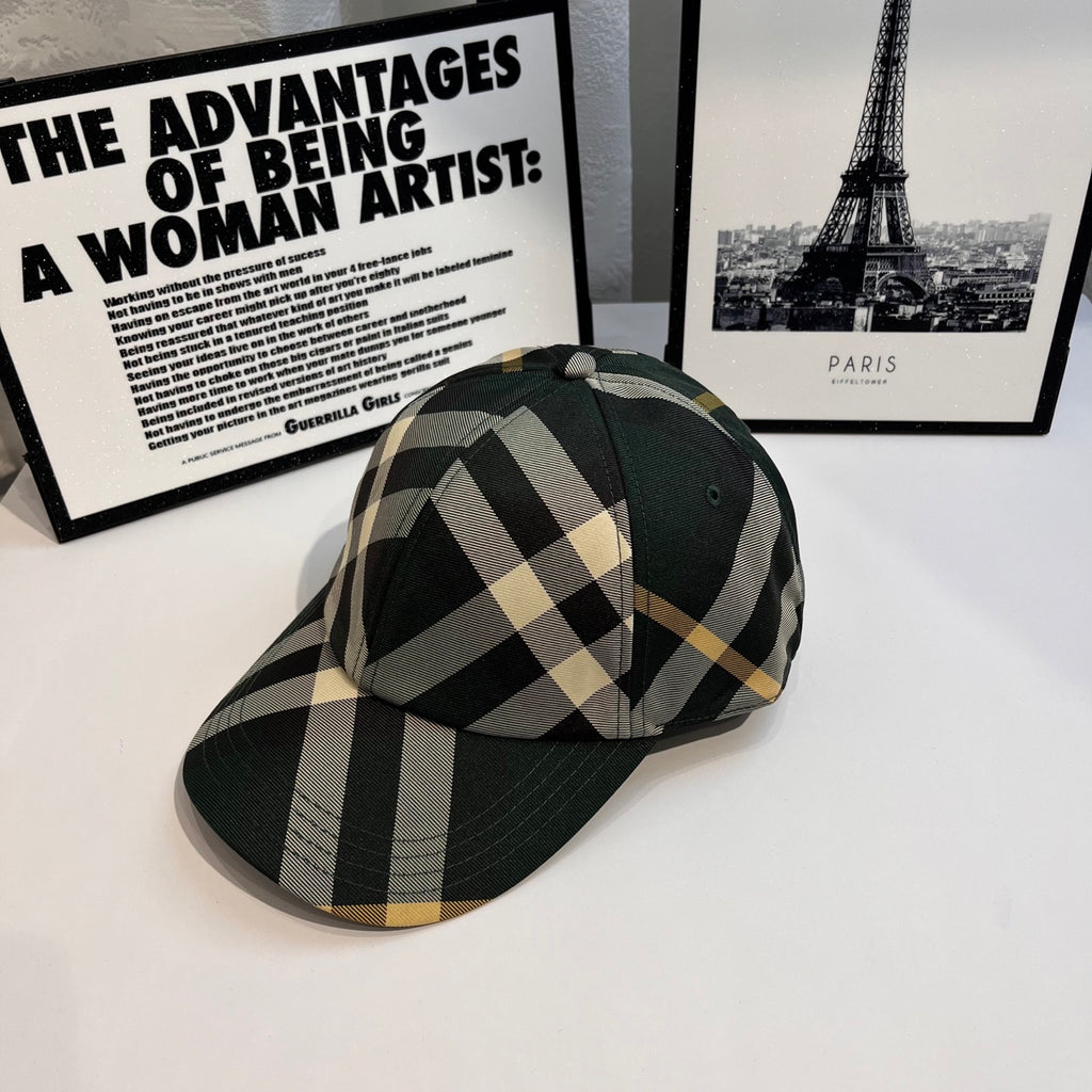 Plaid baseball cap, dark green brim with beige and black checkered crown