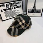 Plaid baseball cap, dark green brim with beige and black checkered crown