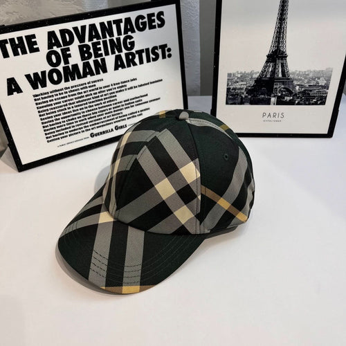 Plaid baseball cap, dark green brim with beige and black checkered crown
