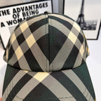 Plaid baseball cap top button, dark green and beige checkered pattern