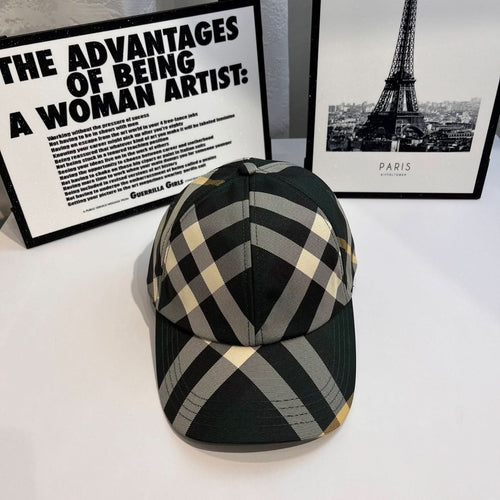 Plaid baseball cap with dark green, beige, and black checkered panels