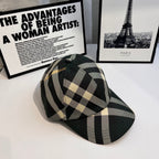 Plaid baseball cap with layered check panels in green, beige, and black