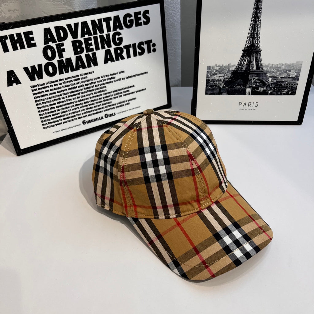 Plaid baseball cap with curved brim, tan plaid and red accent stitching