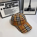 Plaid baseball cap with curved brim, tan plaid and red accent stitching