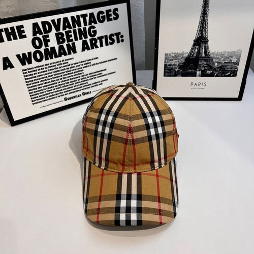 Plaid baseball cap with curved brim and stitched seam on the crown