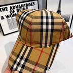 Plaid baseball cap top view with tan, black, and red grid pattern