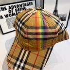 Burberry tartan plaid baseball cap, top view with buttoned crown and multi-stripe pattern