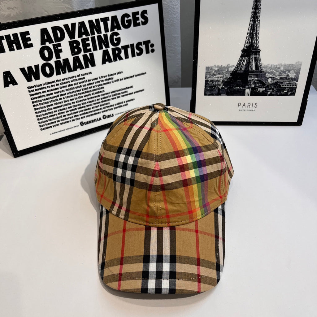 Burberry tartan plaid baseball cap in tan, black, red, and multicolor accents, front view